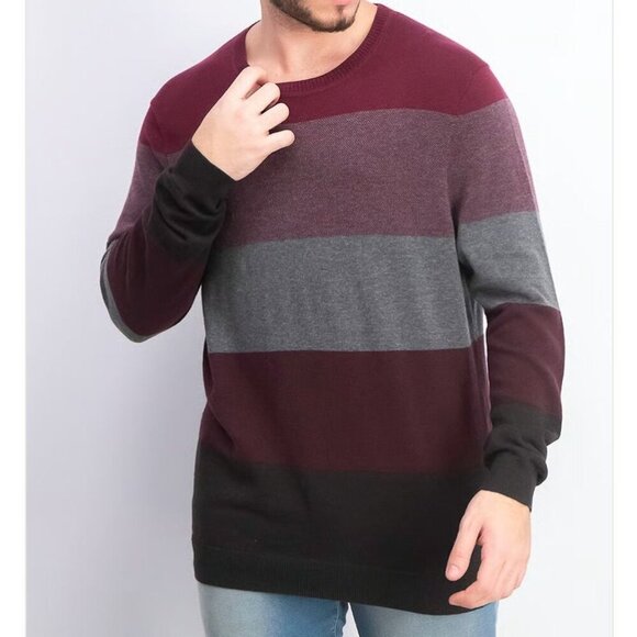 Tasso Elba Crew Neck Sweater Striped Colorblock Red Plum Gray Men's Size XL NWT - Picture 1 of 9